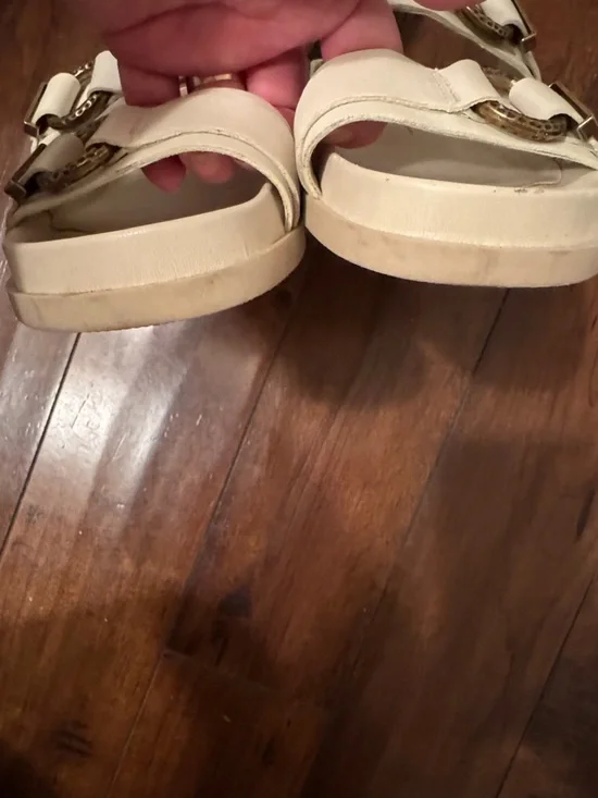 Dolce Vita Cream Double-Buckle Slide Sandals with Gold-Tone Hardware - Picture 6 of 7